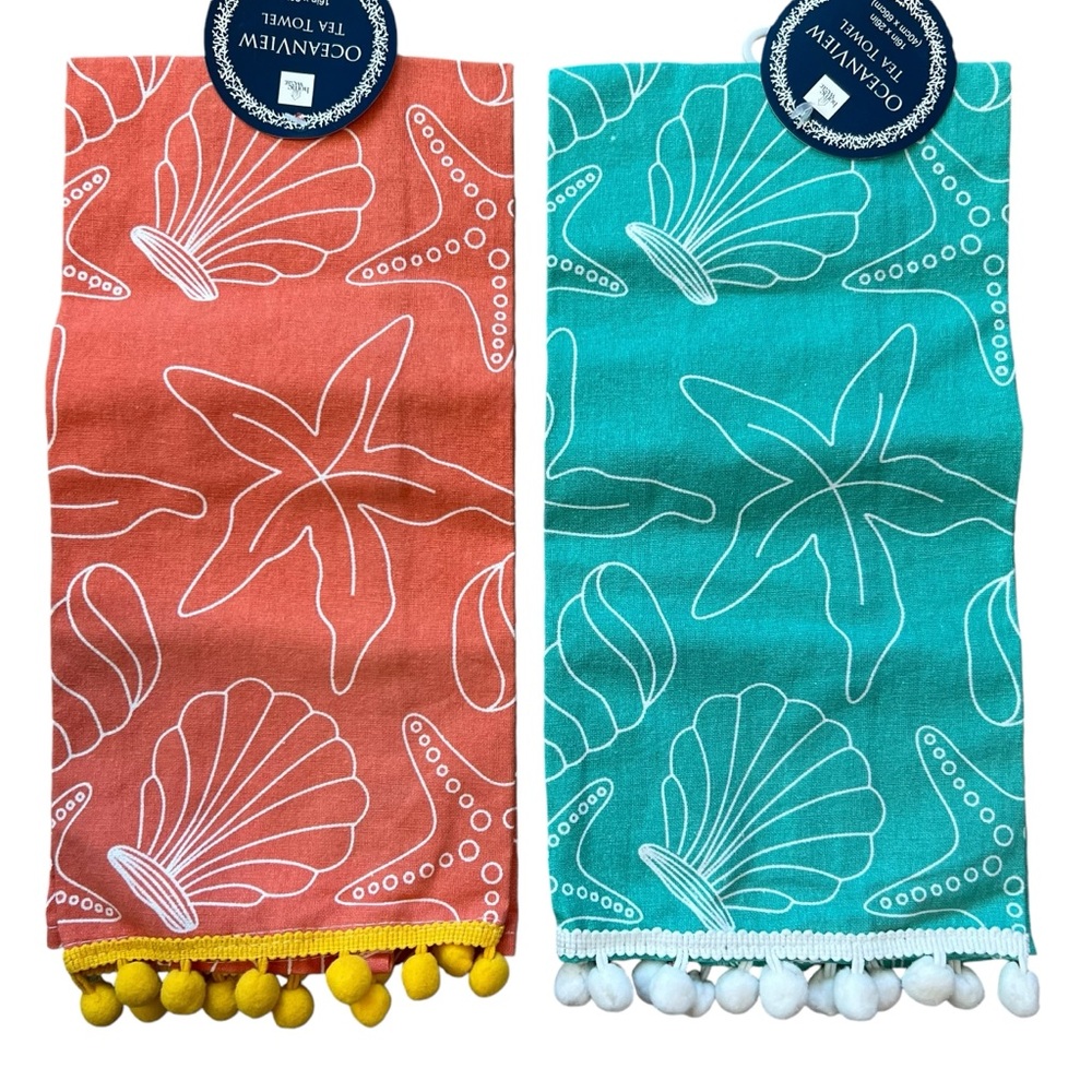 Tea Towels Oceanview Orange and Aqua with pompoms